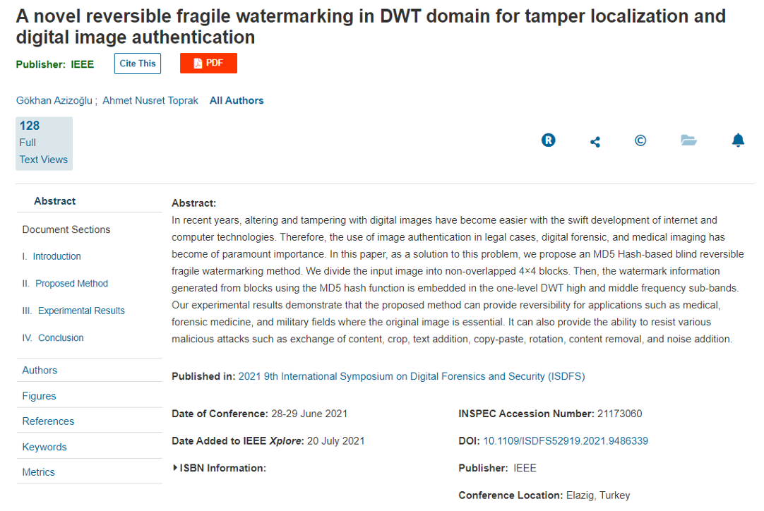 A novel reversible fragile watermarking in DWT domain for tamper localization and digital image authentication (2021)
